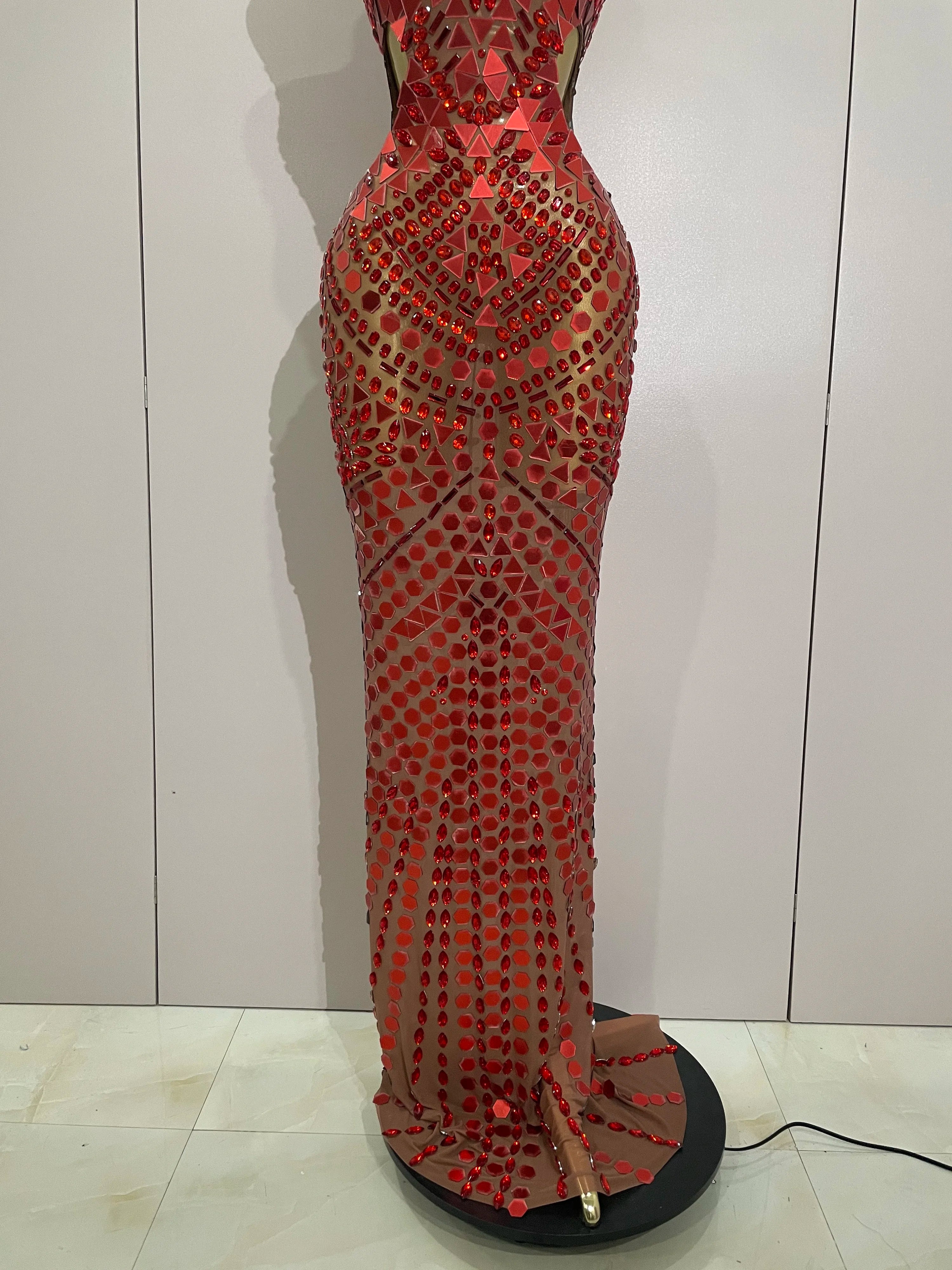 Luxury Shiny Mirror Rhinestones Hollowed-out Long Dress 2025Women Celebrity Evening Party Catwalk Prom Stage Photo Shoot Dresses