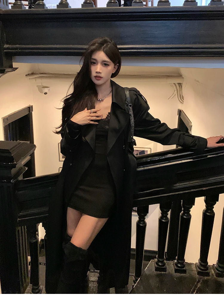 Lautaro Spring Autumn Long Black Hard Waterproof Trench Coat for Women Belt Double Breasted High Quality Luxury Overcoat 2024