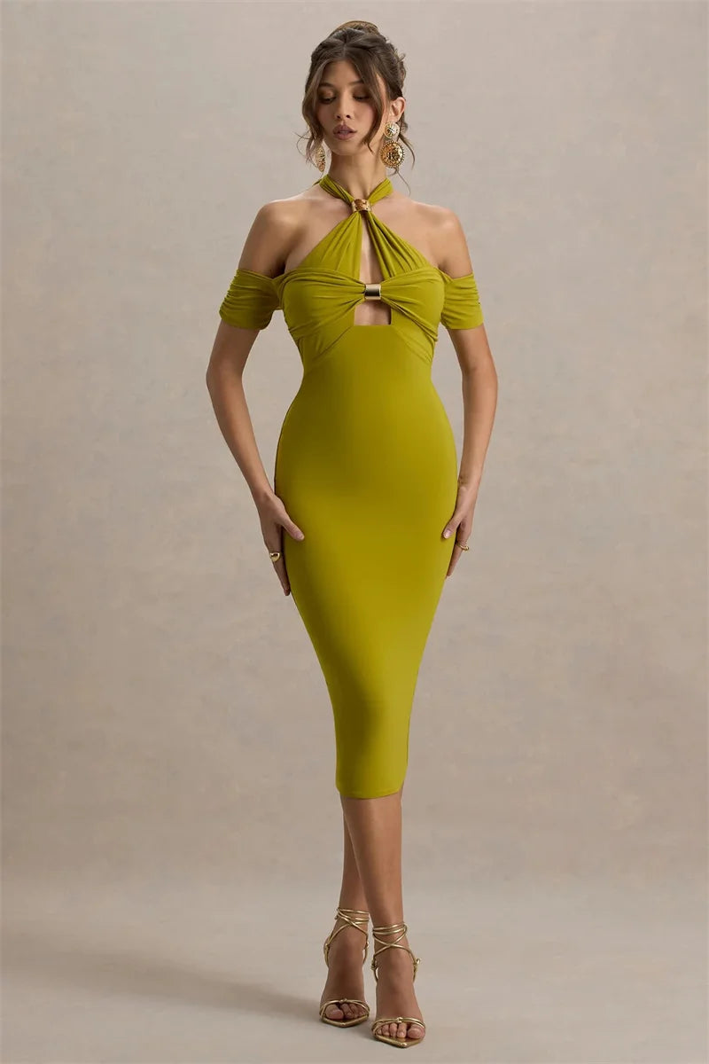 Mozision Hollow Out Halter Backless Sexy Midi Dress Women Fashion Off-shoulder Sleeveless Skinny Club Party Long Dress Elegant