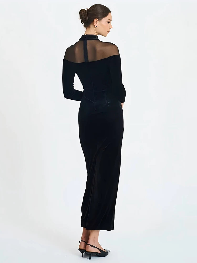 Mozision Sheer Off-shoulder Long Sleeve Sexy Maxi Dress Women Gown Elegant Half High Collar Backless Bodycon Club Party Dresses