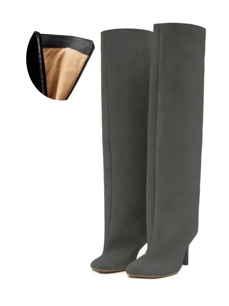 2024 European and American Fashion Stiletto Heels Wide Leg Knee Sleeve Boots Women's Square Head Suede Warm Boots
