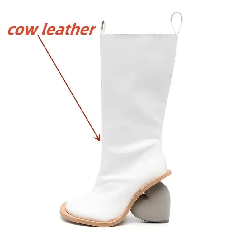 2024 New Women's Genuine Leather Mid Top Boots Fashion Round Toe High Heel Ankle Shoes with Zipper Stylish Comfortable Footwear