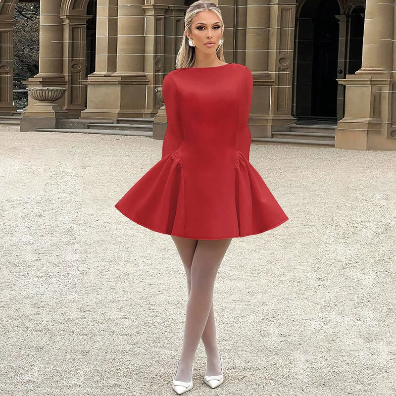 NIDANSSI Red Long Sleeve Evening Party Dress Women 2024 Pleated Robes Elegant Sexy Dress Bodycon Mini Winter Dress Vestidos