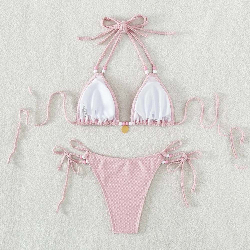Sexy Pink Micro Thong Bikinis Sets Bead String Halter Swimwear Women Mini Swimsuit Bathing Suit Lace-up Biquinis Triangle Bikini