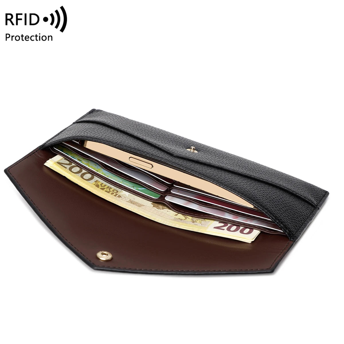 RFID Anti-Theft Purse for Women, Lychee Print, Soft Leather, Envelope Long Wallet, Ultra-thin, Portable, Simple Hand Bag