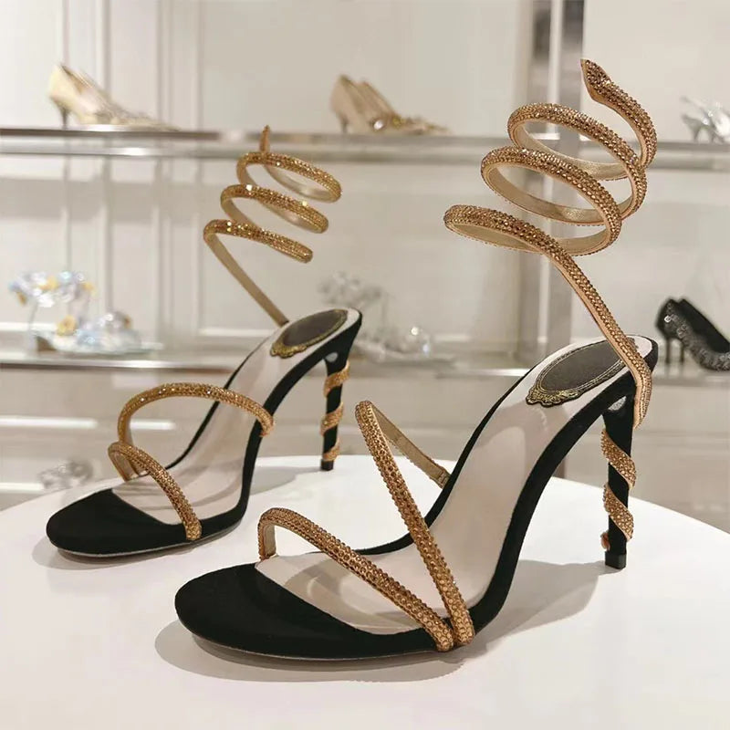 Luxury High Heels Sandals Woman Rhinestone Snake Twine Around Ankle Strap Wedding Shoes Stiletto Summer Gladiator Sandals Women