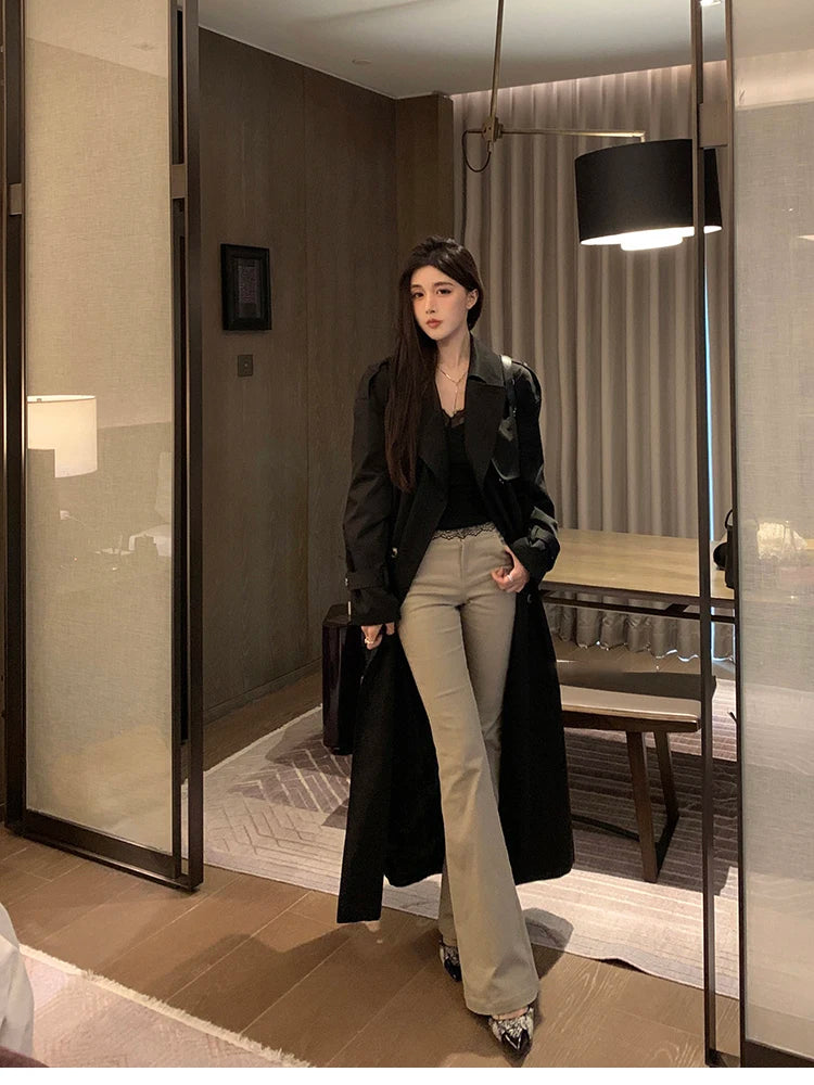 Lautaro Spring Autumn Long Black Hard Waterproof Trench Coat for Women Belt Double Breasted High Quality Luxury Overcoat 2024