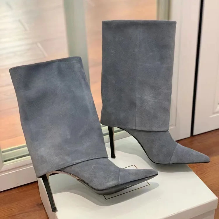 European and American Style High-heeled Wide Tube Sleeve Skirt Boots for Women, Niche Stone Patterned Fashion Banquet Shoes