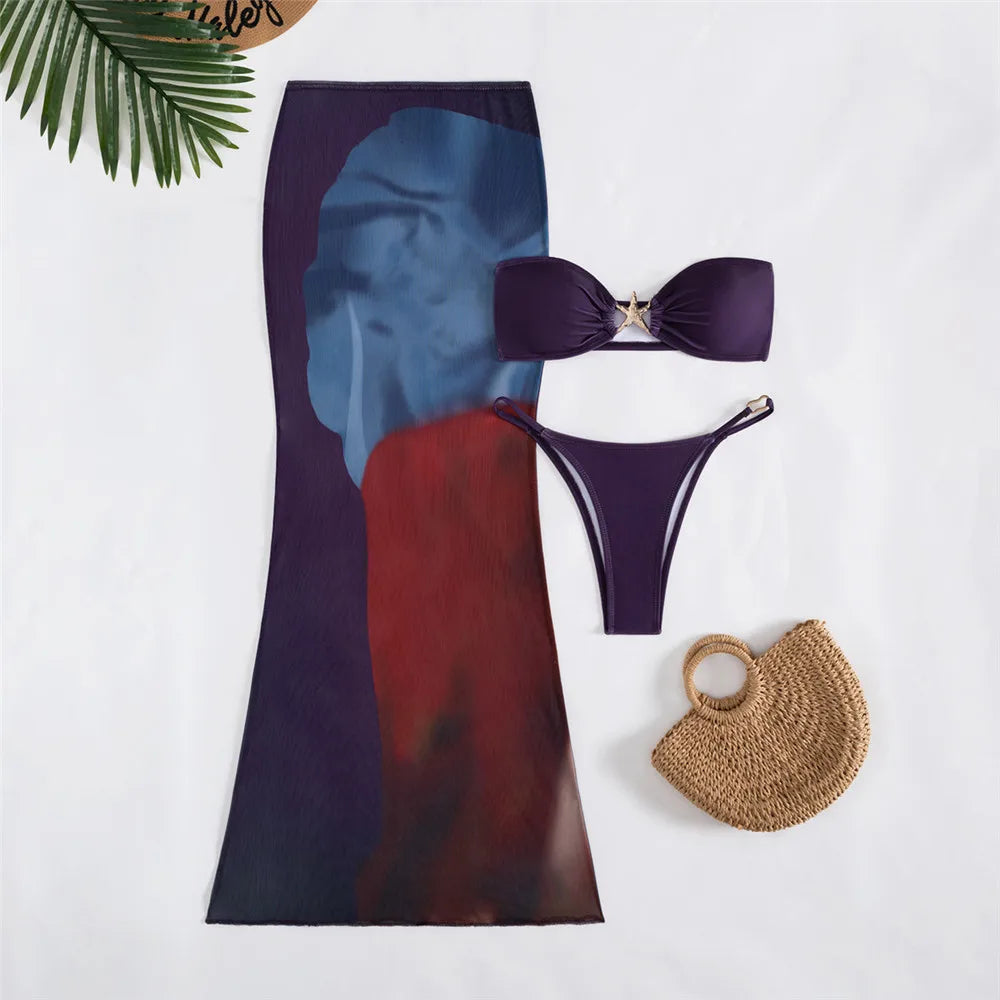 Metal Starfish Bandeau Bikinis Sets 3 Pieces Mesh Skirts Cover Up Micro Thong Swimsuit Women 2025 Beach Wear Bathing Suit Bikini Wofashion.xyz