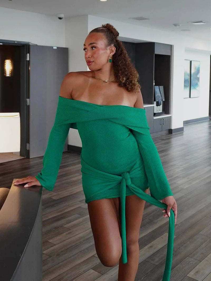 Mozision Off-shoulder Knit Mini Dress For Women Autumn Winter New Strapless Backless Long Sleeve Ruched Draped Knitted Dress
