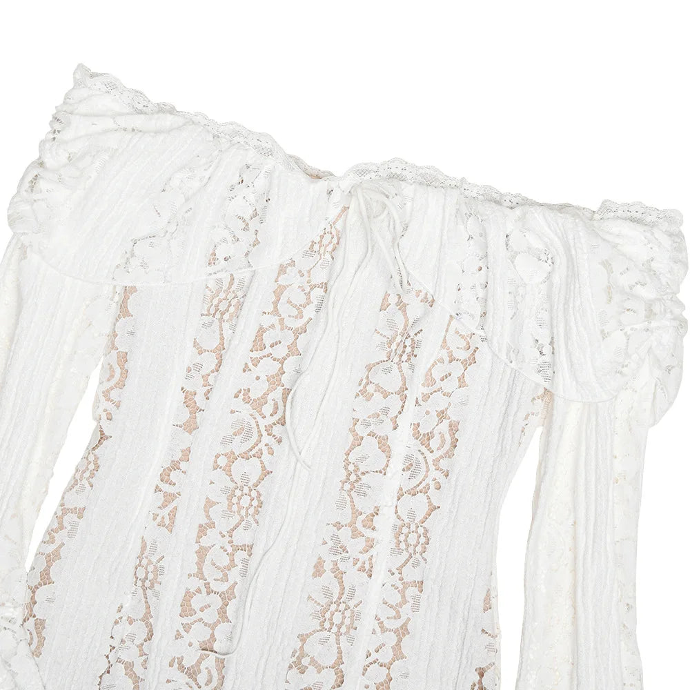 Suninheart White Maxi Wedding Guest Dress Women 2025 Elegant Off The Shoulder evening party dresses red lace flare sleeve dress