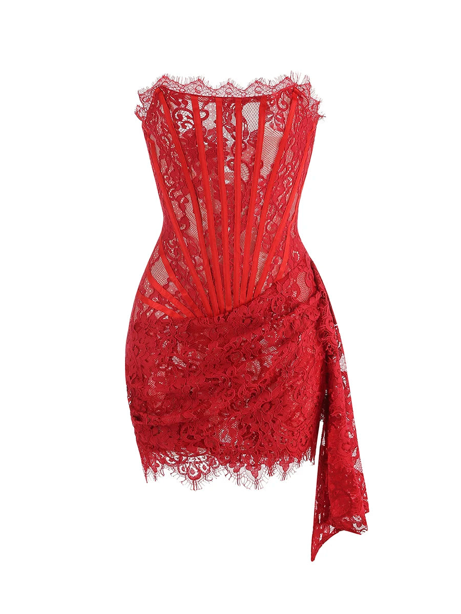 VC Christmas Dress For Women Red Lace Sexy Strapless Sleeveless Slim Supper Short Dress With Lace-Up