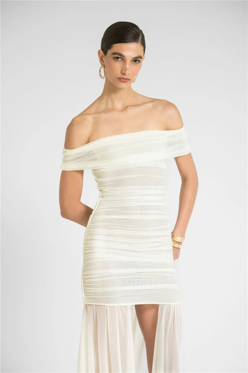 Mozision Mesh Off-shoulder Backless Sexy Maxi Dress For Women Fashion Strapless Sleeveless Split Ruched Bodycon Club Party Dress