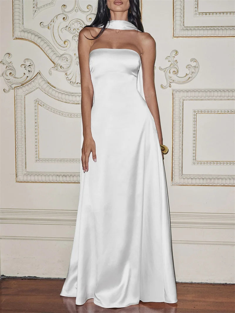 Mozision Off-shoulder Strapless Sexy Maxi Dress Women Gown Elegant Scarf Collar Sleeveless Backless Bodycon Club Party Dress