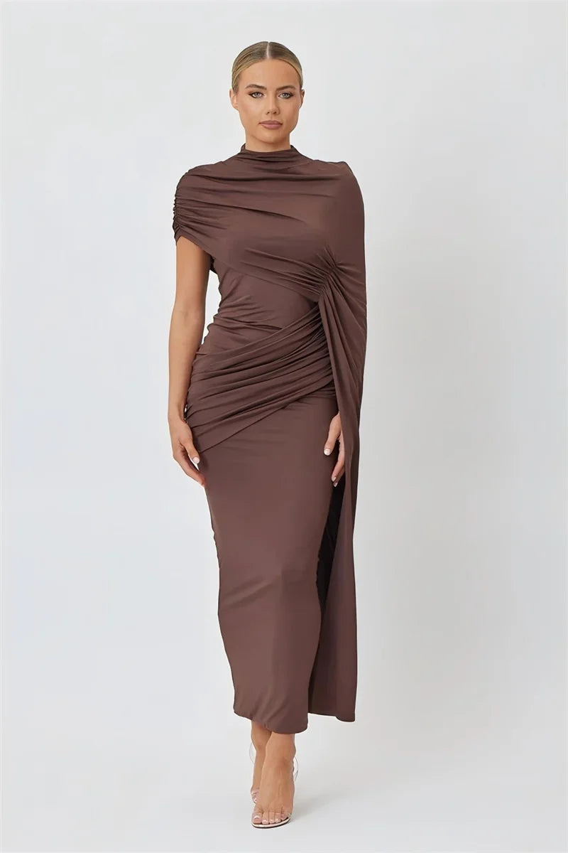 Mozision Half High Collar Ruched Sexy Mini Dress Women Gown Elegant Short Sleeve High Waist Draped Club Party Long Dresses