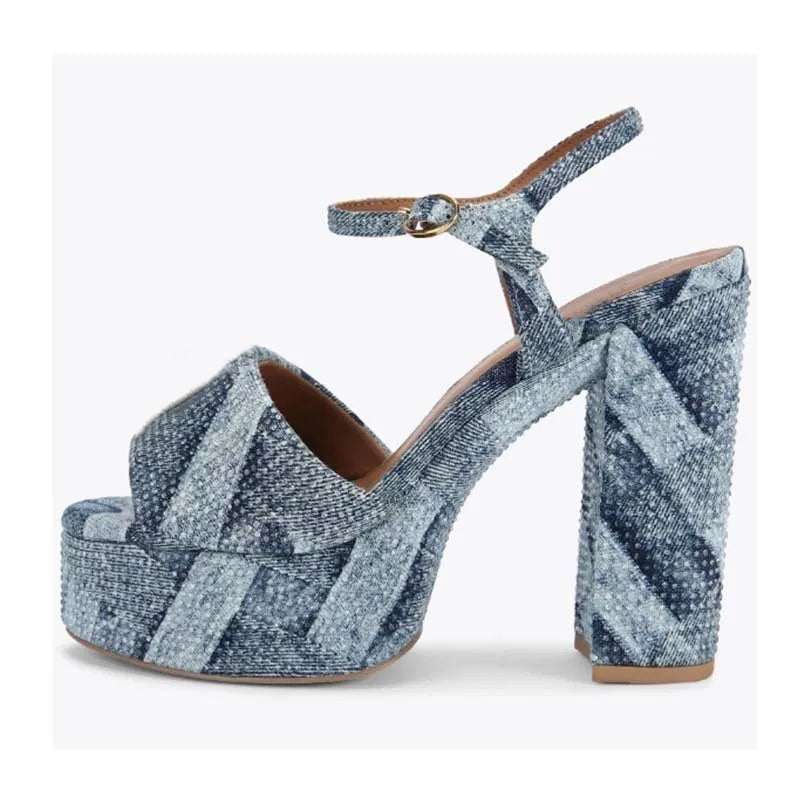 2025 Summer New Waterproof Platform Hot Diamond Thick Bottom Thick High Heels Fashion Square Head Versatile Buckle Strap Sandals