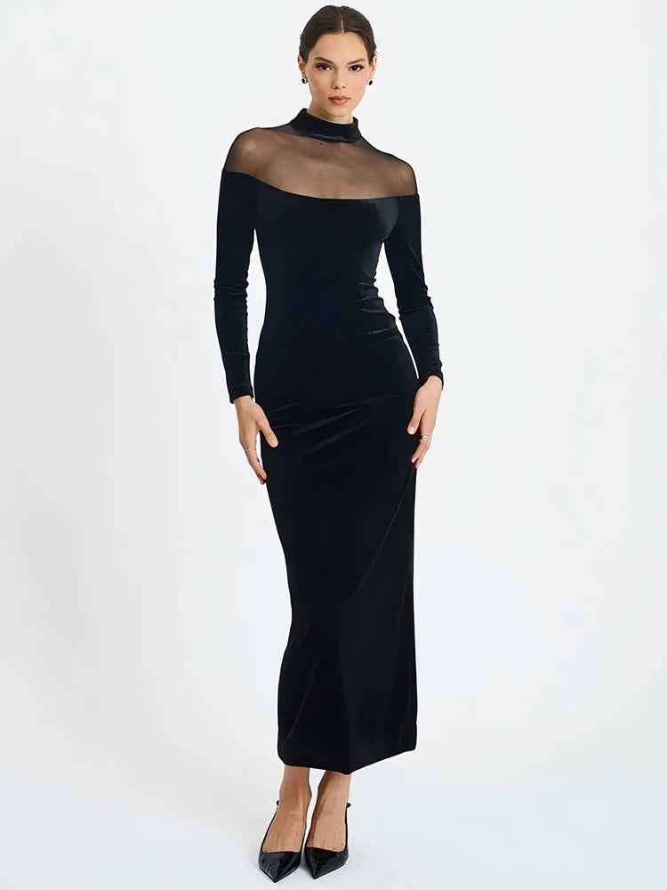 Mozision Sheer Off-shoulder Long Sleeve Sexy Maxi Dress Women Gown Elegant Half High Collar Backless Bodycon Club Party Dresses Wofashion.xyz