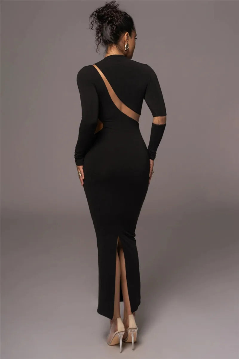 Mozision Turtleneck Long Sleeve Bodycon Maxi Dress For Women Autumn New Patchwork Hollow Out Club Party Sexy Long Dress Vestidos