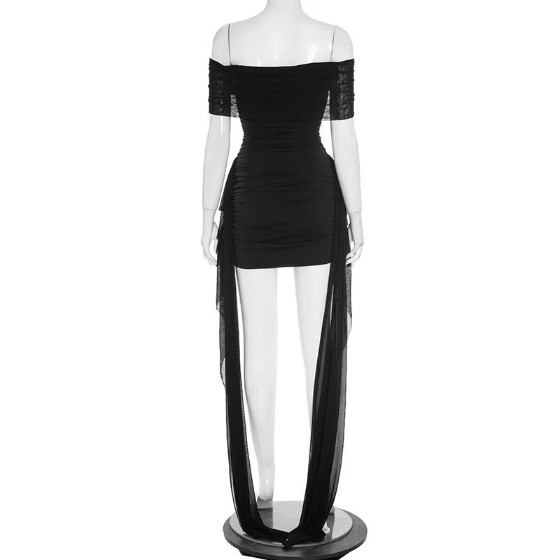 Mozision Off-shoulder Strapless Sexy Mini Dress Women Fashion Mesh Sleeveless Backless Draped Ruched Club Party Dress Female