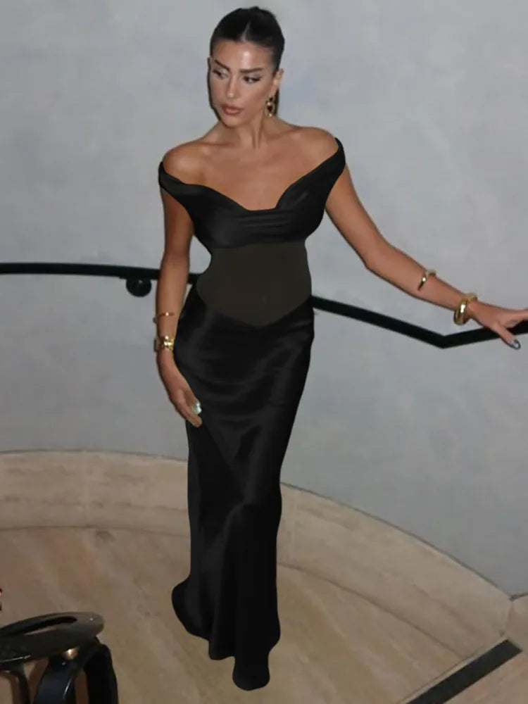 Mozision Off-shoulder Backless Sexy Maxi Dress For Women Fashion Patchwork Strapless Sleeveless Bodycon Club Party Long Dresses