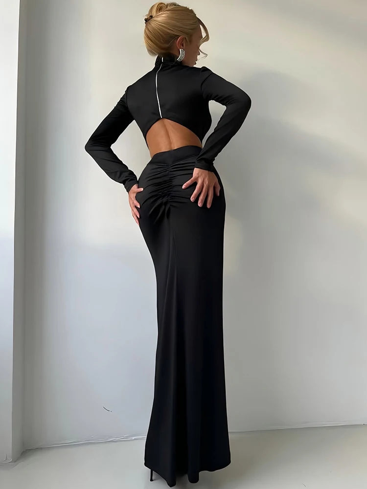 Mozision Turtleneck Backless Sexy Maxi Dress Women Gown Autumn Winter Elegant Long Sleeve Thigh High Split Club Party Long Dress