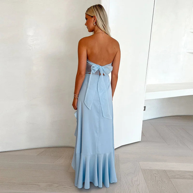 Mozision Off-shoulder Strapless Ruffled Sexy Maxi Dress Women Summer Fashion Backless Bow Thigh High Split Club Long Dress