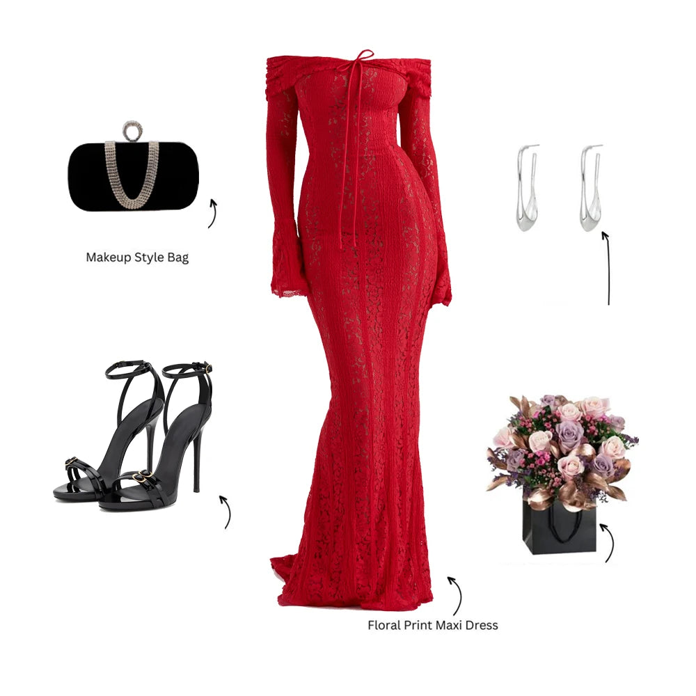 Oligai Autumn Off-Shoulder Maxi Dress Elegant Lace Flare Sleeves Red Evening Party Dress Women's New Arrival 2025 Cocktail Dress