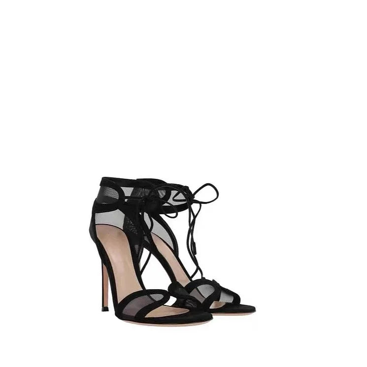 European and American Women's Summer Sexy High-heeled Fashion Week Runway Show Hollow Mesh Cross Strap Banquet Sandals