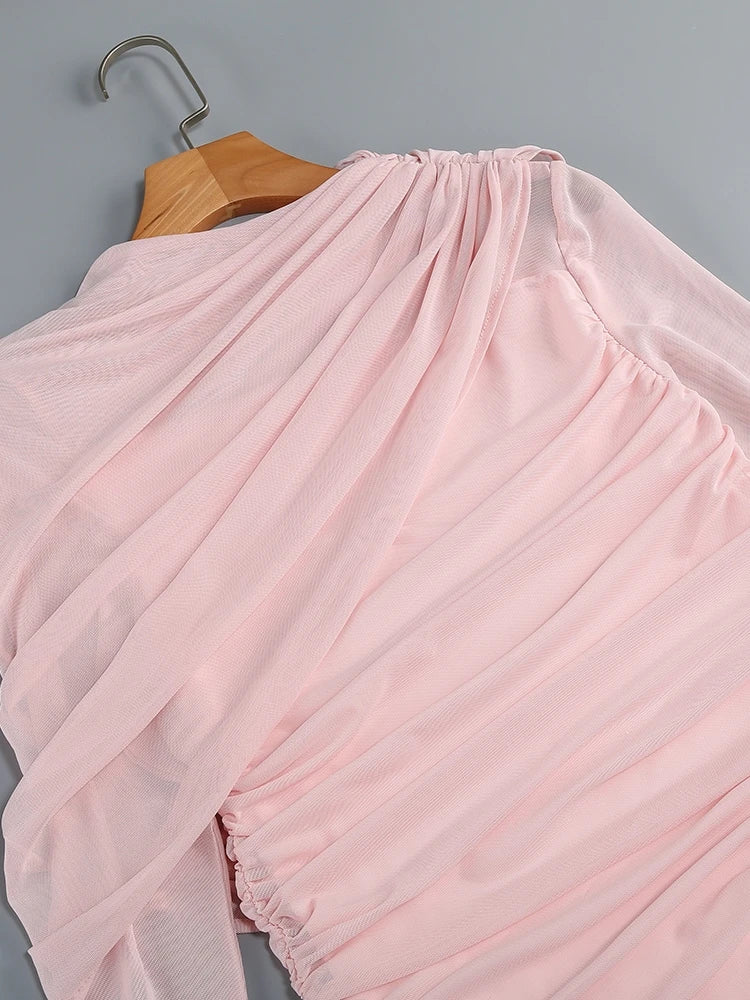 Sexy O Neck Mesh Patchwork Folds Long Dress Women Pink Long Sleeves Asymmetrical Folds Slim Dresses Evening Party Formal Gowns