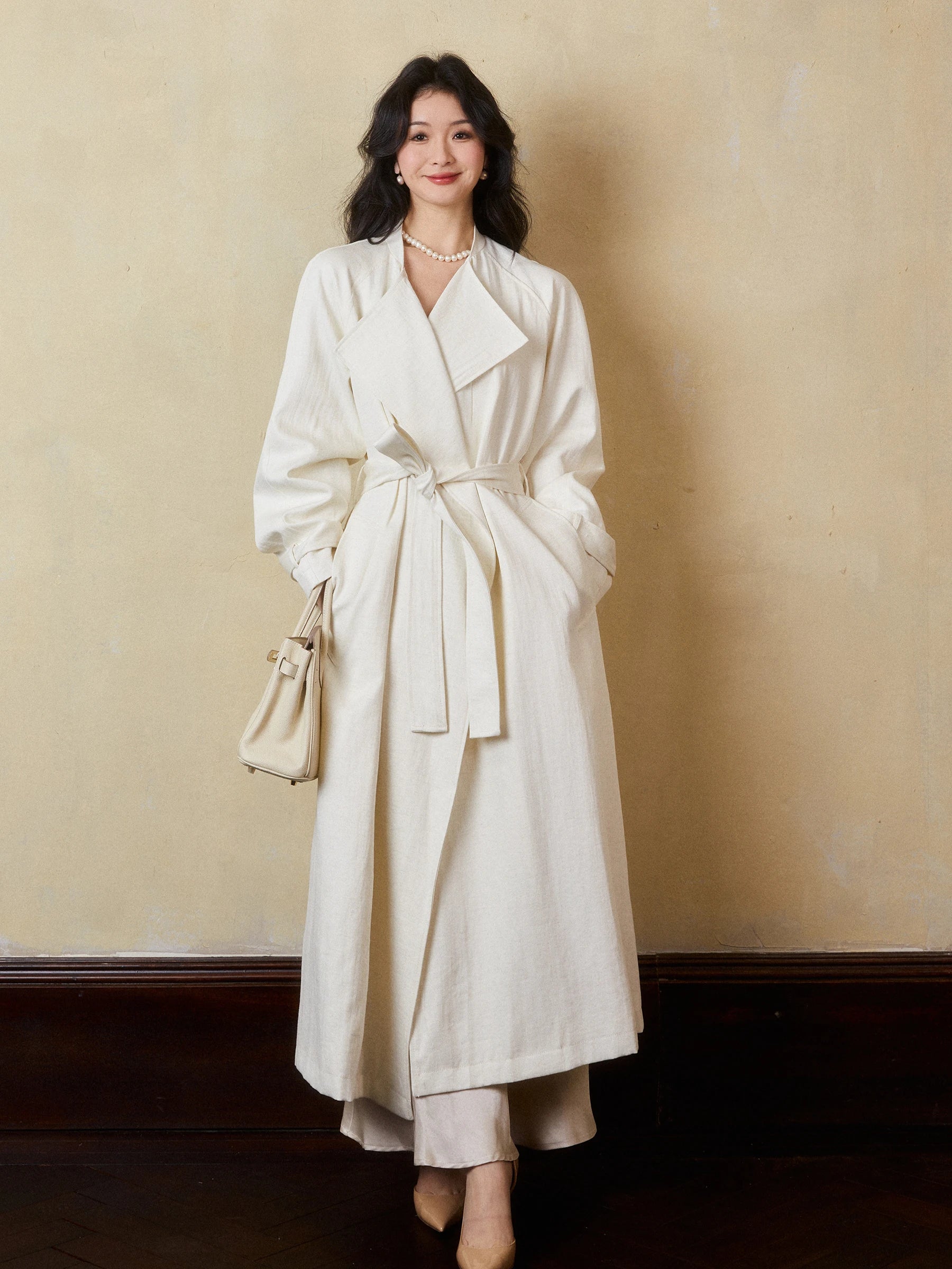 Lautaro Spring Autumn Oversized Long Linen Trench Coat for Women Sashes Loose Casual Flowy Korean Fashion Clothes Overcoat 2025