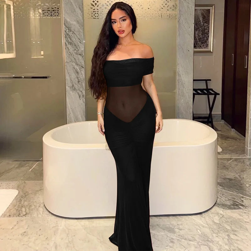 Mozision Off-shoulder Backless Sexy Maxi Dress Women Summer Fashion Strapless Sleeveless See Through Club Party Long Dress