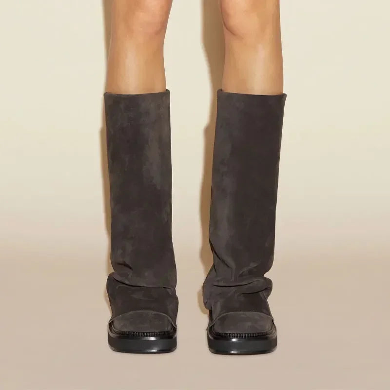 New Large Walled Flat Bottomed Round Toe Sleeve Knee High Pleated Women's Boots Retro Knight Boots Shoes for Women