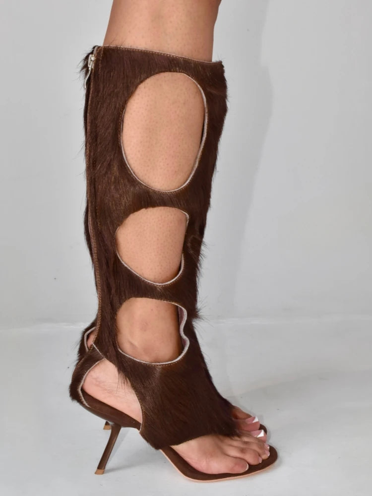 Luxury Cut-Out Knee-High Boots - Genuine Horsehair Leather Stiletto Heels with Rear Zipper | European Fashion Women's Shoes