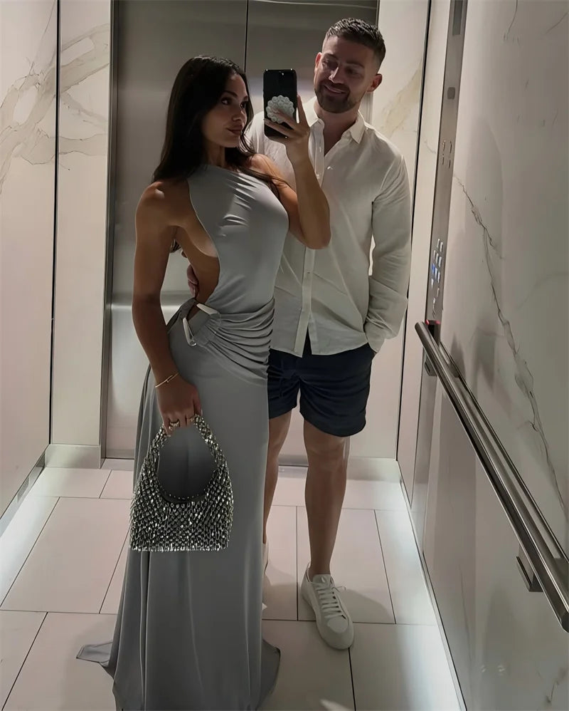 Mozision One Shoulder Backless Sexy Maxi Dress Women Gown Fashion Metal Buckle Diagonal Collar Sleeveless Draped Club Long Dress