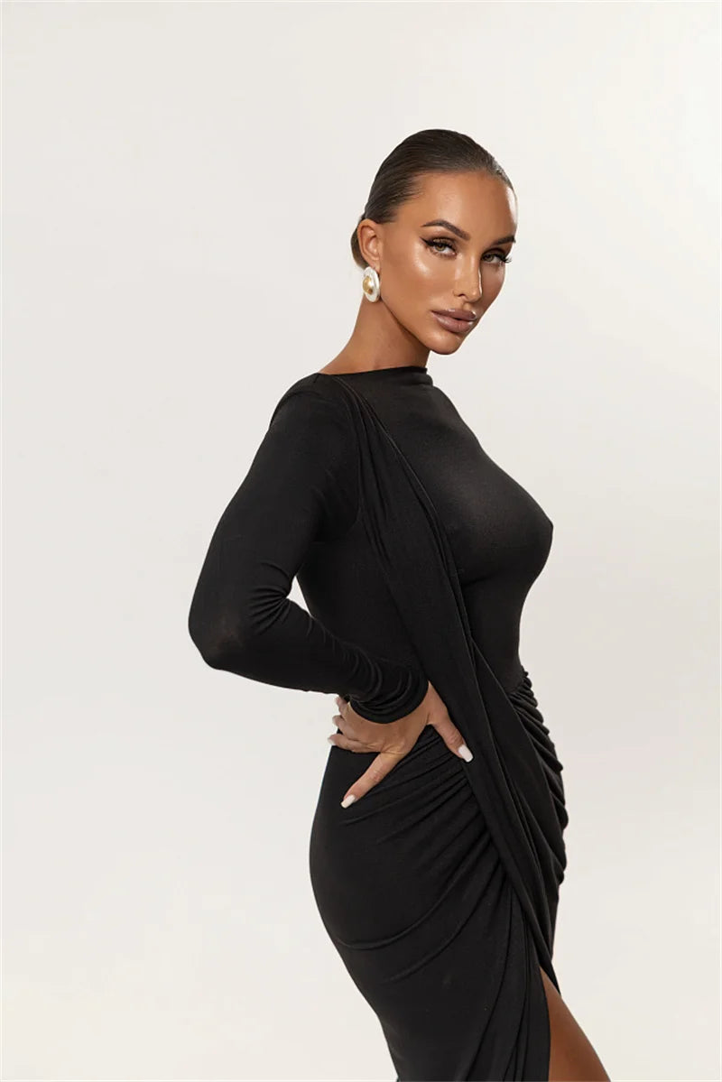 Mozision Long Sleeve Thigh High Split Sexy Maxi Dress Women Gown Elegant O Neck Draped Ruched Bodycon Club Party Long Dresses