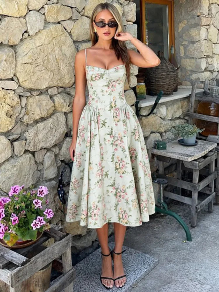 Mozision Spaghetti Strap Print Midi Dress Women Fashion Off-shoulder Sleeveless Backless A-line High Waist Pleated Long Dress