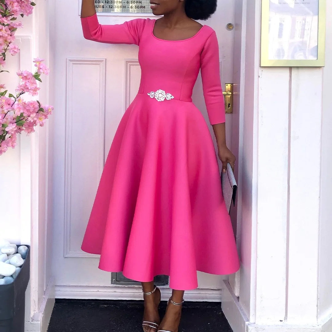 Elegant Party Dress for Woman 2024 Modern O Neck Three Quarter Sleeve High Waisted A Line Mid Calf Birthday Dinner Wedding Cloth