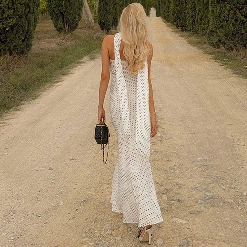 Mozision Polka Dot Strapless Sexy Maxi Dress Women Gown Elegant Scarf Collar Off-shoulder Backless Sleeveless Club Party Dress
