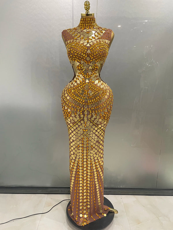 Luxury Shiny Mirror Rhinestones Hollowed-out Long Dress 2025Women Celebrity Evening Party Catwalk Prom Stage Photo Shoot Dresses Wofashion.xyz
