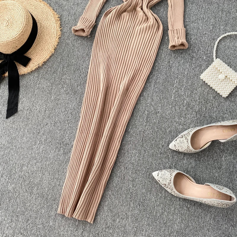 Women's Knitted Midi Dr Pure Color Long Sve Slim Fit High Waist V-Ne Korean Sle Faionable Autumn Winter Dr