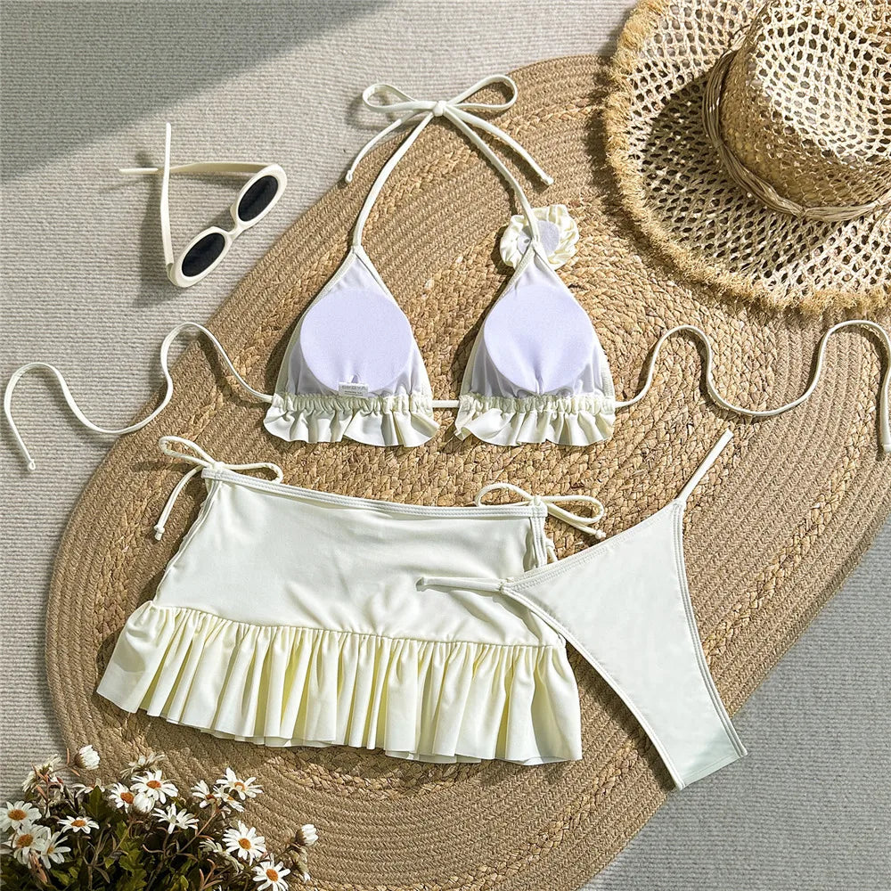 Solid White 3D Flower 3 Piece Bikini Set Skirts Mini Skirts Cover Ups Sexy Swimsuit Women 2025 Swimsuit Beachwear Thong Bikini