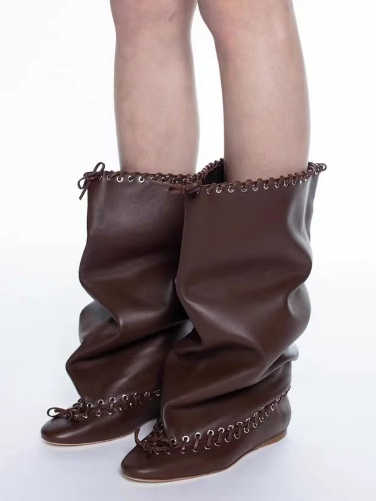 2025 Early Autumn New European and American Fashion Show Niche Fashion Slimming Wide Tube Height Increasing Pleated Pile Boots