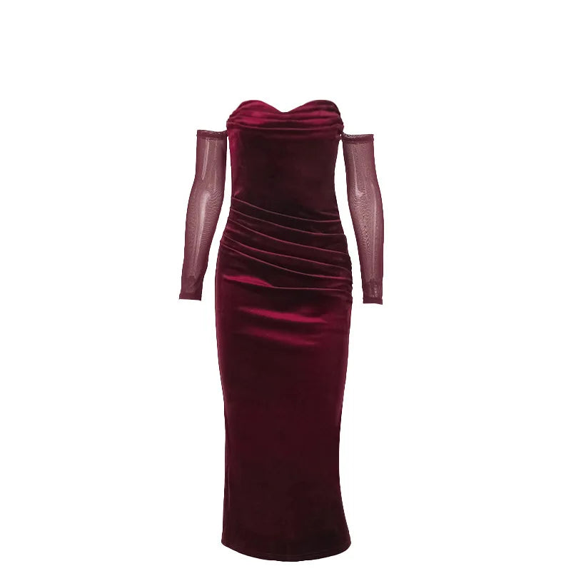 Christmas Velvet Backless Elegant Evening Club Party Dress Women Pleated Robes Sexy Dress Midi Bodycon Winter Dress Vestidos