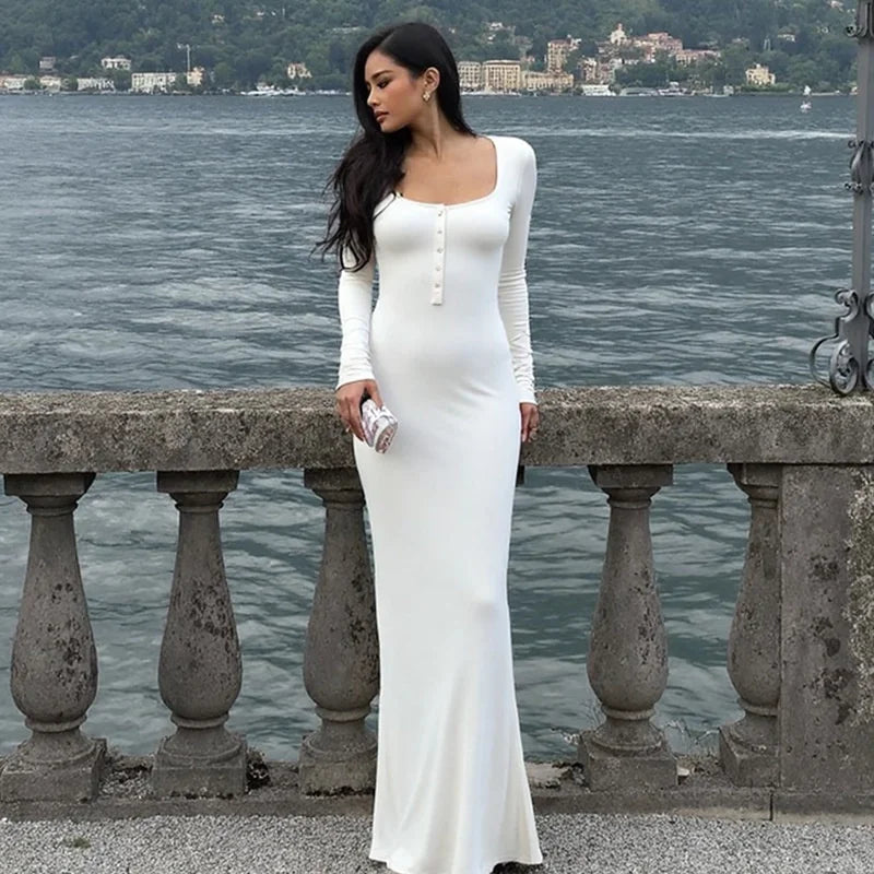 Mozision Square Collar Long Sleeve Sexy Maxi Dress For Women Autumn Winter White Single-breasted High Waist Bodycon Club Dresses