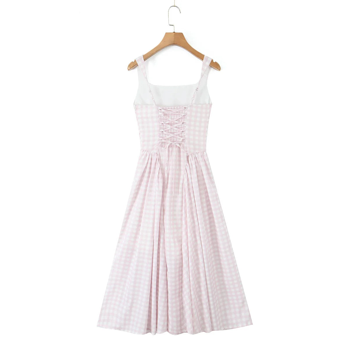 YENKYE Lace Up Bandage Plaid Sling Dress Women Elegant Square Neck Low Waist A-line Midi Summer Dresses Holiday Party Robe 2025