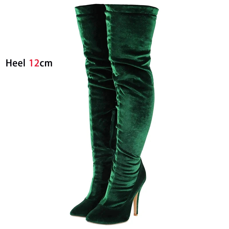 Velvet Long Boots For Women 2024 New Spring Autumn Over Knee Shoes Lady Pointed Toe Stiletto Heels Plus Size Elastic Thigh Boots
