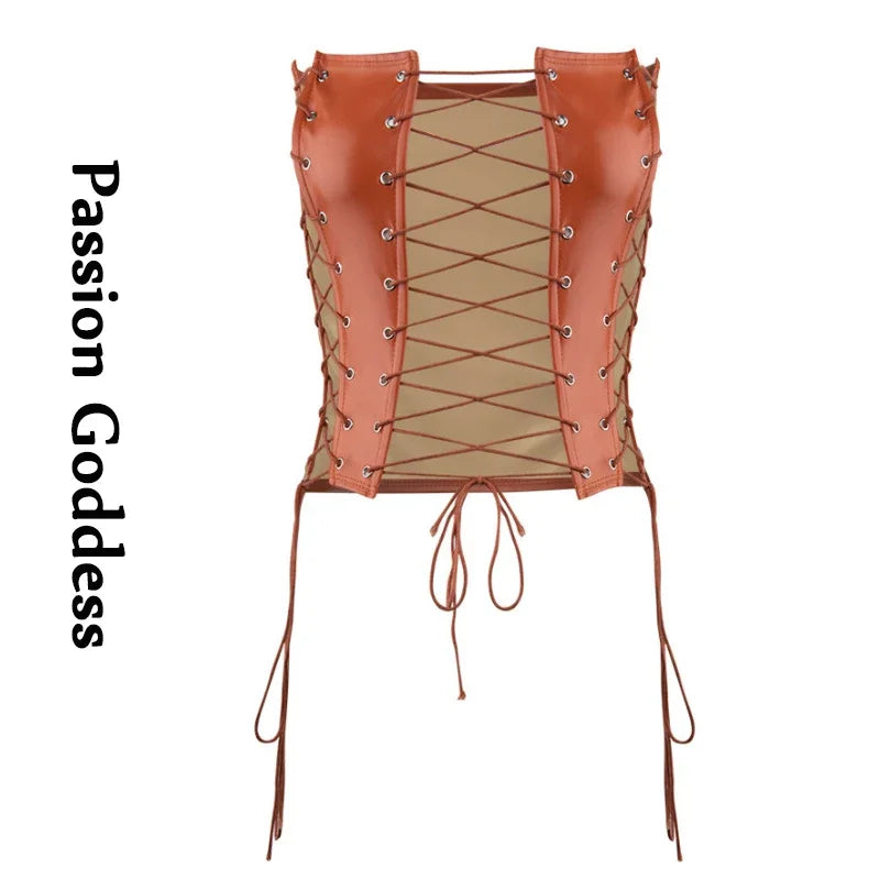 Sexy Gothic Women PU Leather Corsets Bustiers Lace-up Bandage Crown Girdle Slim Waist Back Zipper Strap Corset Tops Curve Shaper