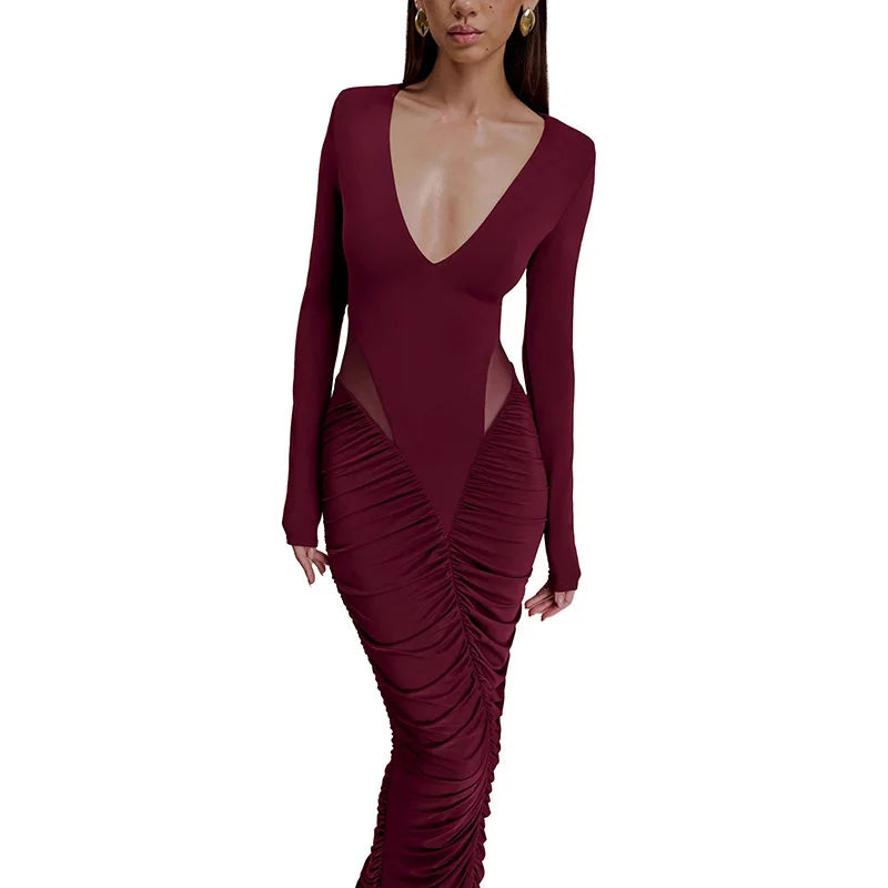 Blifanbo Elegan Deep V Neck Bodycon Maxi Dress Women High Waist Pleated Long Sleeve Solid Patchwork Club Party Long Dress Autumn
