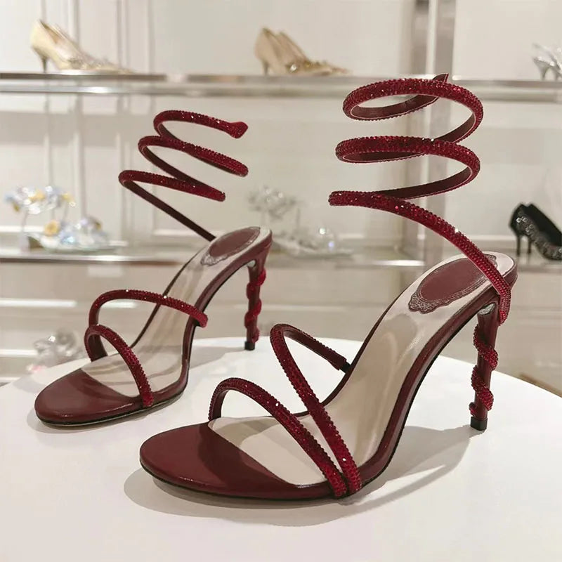 Luxury High Heels Sandals Woman Rhinestone Snake Twine Around Ankle Strap Wedding Shoes Stiletto Summer Gladiator Sandals Women