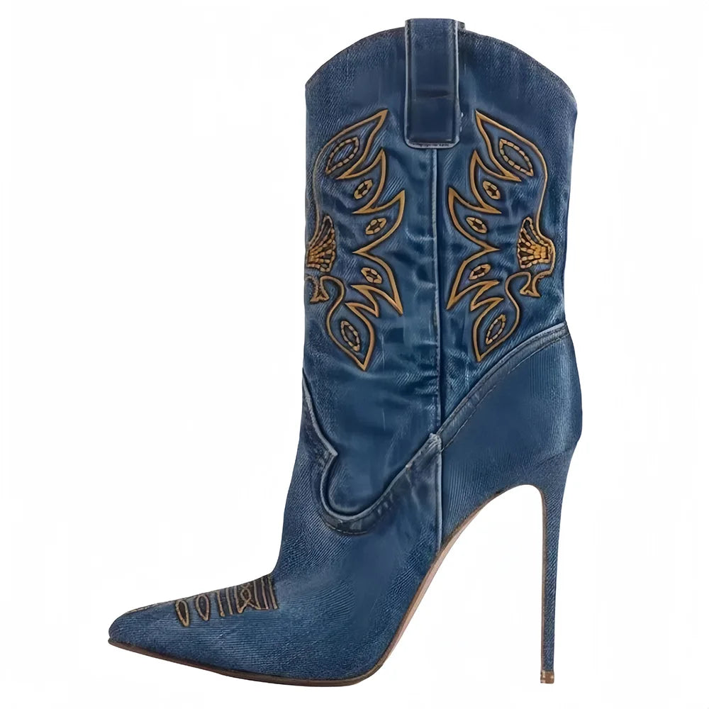 Western European Cowboy Style Pointed Stiletto High Heels Embroidered Knight Fashion Boots Women's Sexy Water Diamond Boots